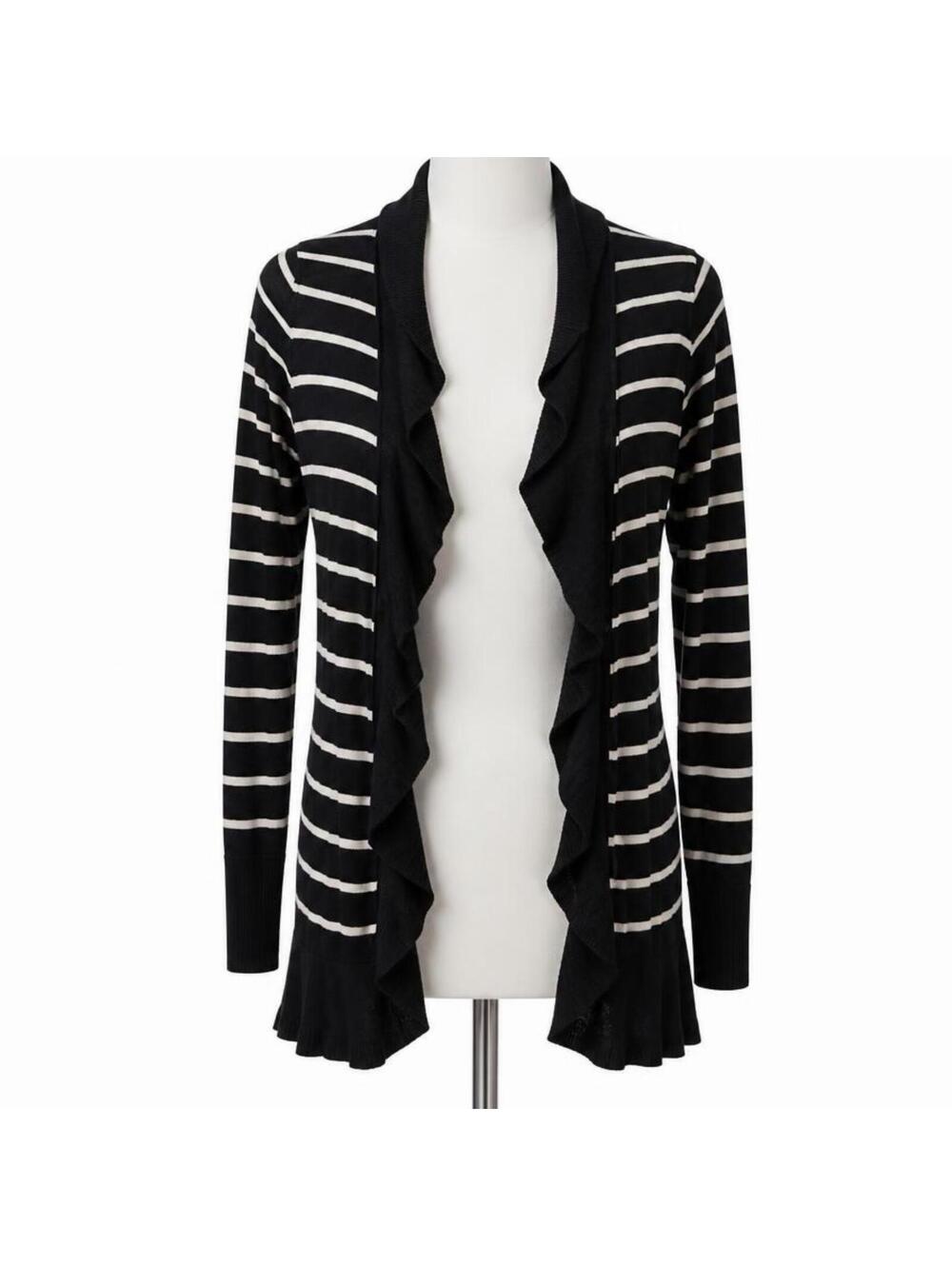 White House Black Market Black and White Striped Ruffle Card